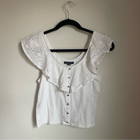 American Eagle White Ruffled Eyelet Flutter Sleeve Blouse Dainty White Top - Picture 1 of 5